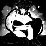  1girl :q animal_ears blunt_bangs boots bra braid breasts cat_ears cat_girl cat_tail cleavage closed_mouth collarbone commentary_request curvy detached_collar elbow_gloves extra_ears full_body gloves greyscale groin haseru_(ginku_mh) heart huge_breasts kaenbyou_rin looking_at_viewer monochrome multiple_tails navel nekomata panties pointy_ears side_braids sidelocks sitting smile solo tail thigh_boots tongue tongue_out touhou twin_braids two_tails underwear 