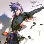  1boy animal_on_arm banzoin_hakka bird bird_on_arm black_feathers black_shirt blue_eyes braid braided_bangs cowboy_shot crow earrings feather_hair_ornament feathers gradient_background grey_background hadanugi_dousa hair_between_eyes hair_ornament hair_ribbon hakama happy_birthday highres holostars holostars_english japanese_clothes jewelry kimono light_particles long_hair looking_at_viewer looking_to_the_side male_focus multicolored_hair pom_pom_(clothes) ponytail purple_hair purple_hakama purple_sash red_ribbon ribbon sash shadow shirt short_sleeves skn smile solo streaked_hair tassel tassel_earrings virtual_youtuber white_hair white_kimono 