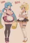  2girls absurdres alternate_costume apron aqua_hair arms_under_breasts blonde_hair blue_eyes blue_hair blush breasts cafin character_name cleavage crossed_arms dark-skinned_female dark_skin gradient_hair highres large_breasts league_of_legends long_hair looking_at_viewer maid maid_apron maid_headdress medium_breasts medium_hair multicolored_hair multiple_girls rell_(league_of_legends) smile sona_(league_of_legends) thighhighs twintails very_long_hair white_apron yellow_eyes 