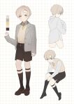  1boy absurdres ag_(ag_nkfg) black_shorts black_socks blush brown_footwear child closed_mouth collared_shirt highres jacket kneehighs long_sleeves male_child male_focus multiple_views necktie open_clothes open_jacket orange_eyes original shirt shoes shorts simple_background socks standing sweater_vest white_shirt yellow_necktie 
