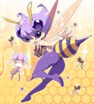  1girl arthropod_girl ass bee bee_girl bee_wings black_eyes blush_stickers breasts bug fur_collar fur_cuffs holding holding_knife holding_trident honey honeycomb_(pattern) honeycomb_background insect_wings knife large_breasts leotard looking_at_viewer no_pupils nollety pantyhose purple_hair purple_pantyhose q-bee stinger vampire_(game) wings 