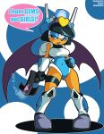  2013 anthro bat blue_eyes boots breasts clothing cosplay crossover crossover_cosplay dialogue english_text eyeshadow female footwear gun handgun hi_res lipstick makeup mammal mighty_switch_force! narrowed_eyes open_mouth patricia_wagon ranged_weapon rouge_the_bat s-dash sega signature simple_background solo sonic_the_hedgehog_(series) speech_bubble tan_body tan_skin text wayforward weapon wings 