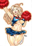  2d alternate_costume bare_shoulders blonde_hair blouse_lift blue_blouse blue_bottomwear blue_clothing blue_shirt blue_skirt blue_topwear bottomwear braless breasts cheerleader_outfit clothed clothing clothing_lift crossed_legs dc_comics ed_benes_studio female hair hi_res holding_pom_poms humanoid invalid_tag kara_zor-el long_hair midriff miniskirt no_bra_under_clothes panties pinup pleated_skirt pom_poms pose pubic_mound red_pom_poms shirt signature skirt skirt_lift solo supergirl superman_(series) topwear under_boob underwear white_clothing white_panties white_underwear wide_hips 