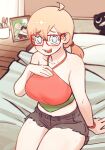  1girl ahoge arm_support bare_shoulders bed bed_sheet blue_eyes blurry breasts brown_shorts chest_of_drawers collarbone colo_(nagrolaz) commentary cosplay cowboy_shot crop_top cutoffs denim denim_shorts depth_of_field english_commentary framed_image freckles furrowed_brow glasses green_shirt hair_between_eyes halterneck hand_on_breasts highres indoors large_breasts light_brown_hair long_hair looking_at_viewer low_ponytail midriff multicolored_shirt nami_(one_piece) nami_(one_piece)_(cosplay) no_pupils on_bed one_piece one_piece:_strong_world open_mouth pen pen_holder photo_(object) pillow red-framed_eyewear red_shirt rita_(sweethex) shirt short_eyebrows shorts sitting smile solo stuffed_animal stuffed_toy sweethex teeth wavy_mouth wristlet 