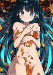  1girl absurdres arm_under_breasts armpit_crease autumn_leaves black_hair blue_eyes blue_hair blush breasts closed_mouth colored_inner_hair commentary_request completely_nude dated falling_leaves ginkgo_leaf hand_on_own_chest highres knee_up leaf light_blush long_hair looking_at_viewer lying medium_breasts motion_blur multicolored_hair navel nude on_back original raiz_art_works signature solo split_mouth stomach very_long_hair wavy_mouth 
