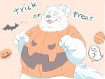  anthro bat belly blep blush bottomless candy canid canine canis clothed clothing dessert english_text food fur ghost halloween hi_res holidays jack-o&#039;-lantern lifewonders live_a_hero male mammal overweight panic_exc shirt solo spirit t-shirt text tongue tongue_out topknot topwear white_body white_fur wolf yohack 