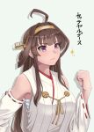  1girl absurdres ahoge brown_hair chest_sarashi clenched_hand closed_mouth commentary_request detached_sleeves double_bun hair_bun hand_up headgear highres japanese_clothes jouzaburou_(joe3) kantai_collection kongou_(kancolle) kongou_kai_ni_(kancolle) long_hair looking_ahead nontraditional_miko purple_eyes ribbon-trimmed_sleeves ribbon_trim sarashi serious simple_background solo sparkle upper_body wide_sleeves 