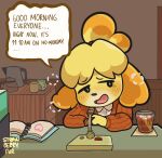  animal_crossing anthro beverage book breath canid canine canis clothing desk dialogue domestic_dog female furniture hi_res isabelle_(animal_crossing) lilbunpinky mammal microphone nintendo panting solo speech_bubble sweater table topwear 