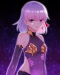  1girl :d bare_shoulders blurry blurry_background breasts closed_mouth commentary_request depth_of_field detached_sleeves dress fate/grand_order fate_(series) kama_(fate) looking_at_viewer moyashi_(momoyashi_321) pink_hair purple_dress purple_sleeves red_eyes see-through sky small_breasts smile solo star_(sky) starry_sky 