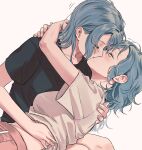 2girls absurdres arms_around_neck bang_dream! black_shirt blue_hair blush breasts cleavage closed_eyes collarbone couple french_kiss grey_shirt hand_on_another&#039;s_back hand_on_another&#039;s_stomach highres hikawa_hina hikawa_sayo hug incest kiss long_hair lying_on_lap multiple_girls profile saliva shirt short_hair short_sleeves siblings simple_background sisters t-shirt tongue twincest twins white_background yuri zihacheol 