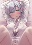  1girl absurdres bed_sheet black_bra blue_eyes blush bra breasts buttons cleavage collared_shirt feet_out_of_frame grey_hair hair_between_eyes heart heart-shaped_pupils highres kantai_collection kiritto large_breasts long_hair long_sleeves looking_at_viewer navel one_side_up open_mouth shirt smile solo suzutsuki_(kancolle) symbol-shaped_pupils underwear white_shirt 