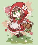  1girl absurdres brown_footwear chibi dress field flower grass hair_flower hair_ornament highres little_red_riding_hood little_red_riding_hood_(grimm) on_grass open_mouth red_dress red_hood ribbon u_inu_udon wolf 