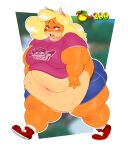  absurd_res activision anthro bandicoot belly big_belly black_nose blonde_hair blush bodily_fluids breasts breath clothed clothing crash_bandicoot_(series) fat_arms female food fruit green_eyes hair hi_res mammal marsupial mintrimo navel obese obese_anthro obese_female open_mouth overweight overweight_anthro overweight_female plant solo sweat sweaty_belly tawna_bandicoot wumpa_fruit 