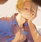  1boy blonde_hair blue_shirt cigarette closed_mouth collared_shirt hair_over_one_eye holding holding_cigarette large_pectorals male_focus muscular muscular_male one_piece open_clothes open_shirt pectorals runa_(nori31291404) sanji_(one_piece) shirt short_hair smile solo 