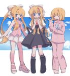  3girls air_(visual_novel) argentinosaurus ascot barefoot black_dress black_footwear black_socks blonde_hair blue_eyes blue_sky boots closed_eyes cloud dress hair_ribbon highres kamio_misuzu long_hair multiple_girls multiple_persona official_alternate_hair_length official_alternate_hairstyle pajamas pink_pajamas pink_shirt pleated_skirt ponytail red_ascot ri_(qrcode) ribbon school_uniform shirt short_hair skirt sky sleeveless sleeveless_shirt socks stuffed_dinosaur toeless_footwear white_shirt white_skirt 