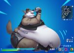  2023 4_toes 5_fingers anthro anuvia belly belly_expansion big_belly big_butt black_nose bloated blue_background bottomwear brown_body brown_fur butt canid canine canis clothing english_text epic_games expansion feet fingerless_gloves fingers footwear fortnite fur gloves grey_body grey_fur handwear hotpants huge_belly hyper hyper_belly liquid_inflation male mammal minimap multicolored_body multicolored_fur open_mouth pink_tongue shield_potion shorts simple_background sitting solo teeth text tight_clothing toes tongue topwear two_tone_body two_tone_fur user_interface vest wendell_(fortnite) wolf 