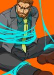  1boy absurdres bara bound bound_arms bound_legs brown_hair double_chin frown full_beard highres hiwen-d looking_at_viewer male_focus mature_male necktie original short_hair sitting socks solo spread_legs suit thick_eyebrows 