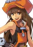  1girl black_gloves brown_eyes brown_hair fingerless_gloves gloves guilty_gear guilty_gear_xrd hat hat_ornament highres long_hair looking_at_viewer may_(guilty_gear) open_mouth orange_headwear orange_shirt pirate pirate_hat shirt skull_and_crossbones skull_hat_ornament smile yora 