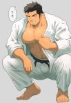  1boy abs absurdres artist_name bara bare_pectorals barefoot belt black_hair dougi facial_hair goatee grey_background hand_on_knees highres japanese_clothes karate_gi kurosaki_yutaka_(ta_koazuma) large_pectorals long_sideburns looking_at_viewer male_focus manly mature_male muscular muscular_male navel navel_hair nipples open_clothes original pectorals short_hair sideburns simple_background smile solo spiked_hair squatting stubble sweat sweatdrop ta_koazuma teeth thick_eyebrows translation_request twitter_username yellow_eyes 