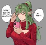  1girl alternate_costume casual cellphone clothing_cutout commentary contemporary english_commentary english_text fingernails fire_emblem fire_emblem_awakening glasses green_eyes green_hair green_nails grey_background grin hair_ornament highres holding holding_phone long_hair long_sleeves phone pointy_ears ponytail red-framed_eyewear red_sweater ribbed_sweater sakuremi sidelocks signature simple_background smile solo speech_bubble sweater tiki_(adult)_(fire_emblem) tiki_(fire_emblem) turtleneck turtleneck_sweater 