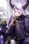  1girl ascot black_horns braid braided_bangs collar crow_(la+_darknesss) cup drinking_straw electric_fan fang grey_hair highres holding holding_cup hololive horns hot la+_darknesss la+_darknesss_(1st_costume) metal_collar multicolored_hair open_mouth pointy_ears purple_hair re_nantoka3 sitting skin_fang sleeves_past_fingers sleeves_past_wrists streaked_hair striped_horns sweat virtual_youtuber yellow_ascot 