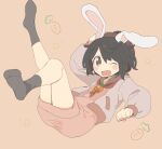  1girl ;d adapted_costume animal_ears arm_up black_hair blush_stickers breasts citrus_(place) dress full_body grey_jacket hat inaba_tewi jacket knees_together_feet_apart legs_up long_sleeves looking_at_viewer lying on_back one_eye_closed open_mouth pink_background pink_dress puffy_long_sleeves puffy_sleeves rabbit_ears red_eyes short_hair simple_background small_breasts smile solo star_(symbol) touhou 