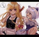  2girls animal_ears apron black_vest blonde_hair blush braid closed_mouth dog_ears dog_tail eighth_note frilled_apron frilled_skirt frills grey_hair kirisame_marisa long_hair mitsugashira_enoko multiple_girls musical_note open_mouth purple_shirt red_eyes red_skirt shirt short_hair short_sleeves simple_background single_braid skirt spoken_sweatdrop sweatdrop tail touhou vest waist_apron white_apron white_background white_shirt yomogi_9392 