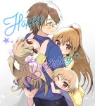  2boys 2girls :o ;t absurdres ahoge black_pants blue_shirt blue_skirt blush brown_hair chibi child climbing closed_mouth commentary_request copyright_request fuuna_thise glasses gradient_background grey_background hair_between_eyes happy_birthday highres multiple_boys multiple_girls one_eye_closed one_side_up open_mouth pants pink_footwear ponytail red_eyes semi-rimless_eyewear shirt shoe_soles short_sleeves skirt smile star_(symbol) sweat under-rim_eyewear white_background yellow_shirt 
