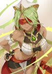  1girl bare_shoulders blindfold breasts commentary_request cowboy_shot eremite_floral_ring-dancer_(genshin_impact) genshin_impact gradient_background green_hair grey_background hand_on_own_hip highres large_breasts linreplica loincloth midriff smile solo standing 