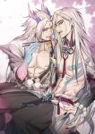  2boys abs black_nails blue_eyes bracelet chopsticks colored_sclera earrings fingernails grey_sclera highres holding holding_chopsticks horns jewelry kayn_(league_of_legends) long_hair looking_at_another male_focus multiple_boys muscular muscular_male nail_polish navel nipples open_mouth parted_bangs simple_background sitting spirit_blossom_(league_of_legends) spirit_blossom_yone sweatdrop tassel tassel_earrings teeth white_eyes white_hair yone_(league_of_legends) zyrophin 