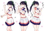 1girl alternate_costume black_eyes black_hair cheerleader choker clapping closed_eyes commentary_request crop_top dancing eighth_note flying_sweatdrops green_ribbon hair_ribbon highres houshou_(kancolle) kantai_collection looking_at_viewer magai_akashi midriff multicolored_clothes multiple_views musical_note pleated_skirt purple_choker ribbon shirt skirt sleeveless sleeveless_shirt smile white_background 