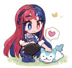  1girl alear_(female)_(fire_emblem) alear_(fire_emblem) blue_eyes blue_hair chibi fire_emblem fire_emblem_engage heterochromia kneeling long_hair lowres multicolored_hair official_alternate_costume red_eyes red_hair solo sommie_(fire_emblem) split-color_hair tamatamariso85 tiara two-tone_hair 