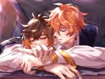  2boys biting blush chenzcy closed_eyes ear_biting eyeliner genshin_impact highres implied_yaoi makeup multiple_boys red_eyeliner shirt tartaglia_(genshin_impact) white_shirt zhongli_(genshin_impact) 