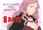  1girl artist_request black_capelet black_clover:_sword_of_the_wizard_king breasts capelet cleavage countdown earrings english_text highres jewelry large_breasts looking_at_another looking_to_the_side official_art official_style short_hair smile solo upper_body vanessa_enoteca 