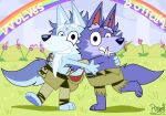  absurd_res anthro beard bluey_(series) canid canine canis clothed clothing duo embrace facial_hair fangs hi_res law_(sdorica) league_of_legends lgbt_pride male male/male mammal pinumontbalou pride_colors rainbow_flag rainbow_pride_flag rainbow_symbol riot_games scar sdorica smile teeth warwick_(lol) wolf 