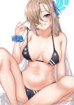  1girl absurdres asuna_(blue_archive) bad_id bad_twitter_id bare_arms bare_legs bare_shoulders bikini black_bikini blonde_hair blue_archive blue_eyes blue_nails breasts cleavage feet_out_of_frame grin hair_over_one_eye hair_ribbon hand_up highres large_breasts long_hair looking_at_viewer mole mole_on_breast nahanmin nail_polish navel pulled_by_self ribbon scrunchie smile solo stomach strap_pull string_bikini swimsuit thighs very_long_hair wet wrist_scrunchie 