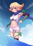  1girl bare_shoulders between_breasts blonde_hair blue_eyes blue_sky breasts closed_mouth cloud commentary_request day flipped_hair groin highres kid_icarus kid_icarus_uprising looking_at_viewer medium_breasts navel outdoors phosphora plant short_shorts shorts sky smile solo standing tirari9336_(mochila9336) vines white_shorts 