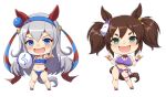  2girls animal_ears bare_shoulders bead_bracelet beads bikini blue_bikini blue_eyes blue_hairband blush bow bracelet breasts brown_hair chibi cleavage cleavage_cutout clothing_cutout collarbone ear_covers fang flip-flops foreshortening fox_mask frilled_bikini frills full_body grey_hair hair_bow hair_ornament hairband hands_up headband holding horse_ears horse_girl horse_tail inari_one_(umamusume) jewelry large_breasts long_hair looking_at_viewer mask mask_on_head multiple_girls open_mouth pointing pointing_at_viewer purple_bikini red_hairband red_headband sandals small_breasts standing swimsuit tail tamamo_cross_(umamusume) tassel thick_eyebrows thigh_strap thighs twintails umamusume very_long_hair vococo yellow_bow 