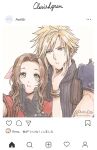  1boy 1girl aerith_gainsborough ancotsubu armor bangle black_gloves blonde_hair blue_eyes blue_shirt bracelet brown_hair character_name cloud_strife earrings face_squeeze final_fantasy final_fantasy_vii final_fantasy_vii_remake gloves green_eyes hair_ribbon hand_on_another&#039;s_cheek hand_on_another&#039;s_face highres instagram jacket jewelry long_hair looking_at_viewer parted_bangs pink_ribbon red_jacket ribbon rude_(ff7) selfie shirt short_hair shoulder_armor sidelocks single_earring sleeveless sleeveless_turtleneck spiked_hair suspenders turtleneck twitter_username upper_body wavy_hair 