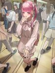  absurdres backpack bag black_footwear black_nails blush bow bowtie crown fingernails full_body hair_bow highres hinamizawa_hinami jirai_kei long_sleeves looking_at_viewer nervous original pink_bow pink_bowtie pink_eyes pink_hair socks tetto_(onnoveltet) twintails walking white_socks 