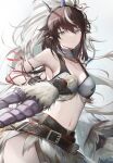  1girl arknights bare_shoulders belt black_belt black_hair blue_eyes breasts cleavage commentary_request crop_top fur_trim hair_between_eyes highres holding holding_weapon horns kirin_x_yato_(arknights) large_breasts masai_no_senshi midriff mole mole_under_eye monster_hunter_(series) navel reverse_grip solo stomach weapon yato_(arknights) 
