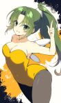  1girl bare_arms bare_shoulders bee_costume black_pantyhose blush breasts cleavage collarbone commentary_request covered_navel cowboy_shot curvy eyes_visible_through_hair green_eyes green_hair grin groin hand_up highres higurashi_no_naku_koro_ni honey_day index_finger_raised large_breasts leotard long_hair looking_at_viewer pantyhose parted_bangs ponytail simple_background smile solo sonozaki_mion standing suzuragi_karin very_long_hair white_background yellow_leotard 