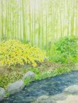  bamboo bamboo_forest blue_flower bush day flower forest grass highres naoy_watercolor nature no_humans original painting_(medium) plant rock sapling scenery stream traditional_media water watercolor_(medium) yellow_flower 