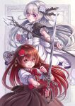  2girls dress flower hair_flower hair_ornament highres holding holding_sword holding_weapon kosai_takayuki long_hair looking_at_viewer looking_back multiple_girls open_mouth puffy_short_sleeves puffy_sleeves purple_eyes red_eyes red_flower red_hair red_rose revision rose rose-red_(snow-white_and_rose-red) short_sleeves snow-white_(snow-white_and_rose-red) snow-white_and_rose-red staff sword weapon white_flower white_rose wrist_cuffs 