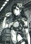 1girl absurdres arm_up breasts cowboy_shot flower hair_flower hair_ornament highres indoors long_hair looking_at_viewer monochrome navel original solo standing xenotrip 