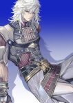  1boy absurdres armor blue_background blue_eyes closed_mouth coat fingerless_gloves gloves grey_coat grey_gloves highres jin_(xenoblade) looking_at_viewer male_focus medium_hair raininmoradain short_sleeves solo spiked_hair white_hair xenoblade_chronicles_(series) xenoblade_chronicles_2 xenoblade_chronicles_2:_torna_-_the_golden_country 