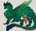  &lt;3 balls blush bodily_fluids dragon dripping erection feathered_dragon feathered_wings feathers genital_fluids genitals green_body green_feathers hi_res horn humanoid knot looking_at_viewer looking_back looking_back_at_viewer male penis precum precum_drip rear_view sardrel smile solo tail tail_tuft tuft wings zortie 