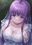  1girl breasts cleavage collarbone commentary cut_bangs dress english_commentary fern_(sousou_no_frieren) highres large_breasts long_dress long_hair long_sleeves mixed-language_commentary off_shoulder parted_lips purple_eyes purple_hair see-through see-through_dress sidelocks solo sousou_no_frieren straight_hair toshi_(1-147) upper_body wet wet_clothes wet_dress white_dress 