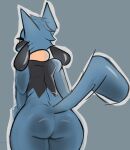 ambiguous_gender anthro big_butt blue_body blue_skin butt canid canine generation_4_pokemon hi_res looking_at_viewer looking_back mammal nintendo pokemon pokemon_(species) presenting presenting_hindquarters riolu solo solo_focus vivarin1969 wide_hips 
