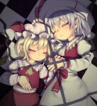 2girls adapted_costume alternate_headwear ascot bat_wings blonde_hair checkered_floor closed_eyes closed_mouth collared_shirt crystal flandre_scarlet frilled_ascot frilled_shirt_collar frilled_sleeves frills grey_hair hand_on_another&#039;s_headwear hand_on_own_stomach hat hat_ribbon highres holding_hands juliet_sleeves long_sleeves lying mob_cap multicolored_wings multiple_girls on_back on_floor pointy_ears puffy_sleeves red_ribbon red_skirt red_vest remilia_scarlet ribbon shadow shirt siblings sisters skirt skirt_set sleeve_ribbon tekina_(chmr) touhou vest white_headwear white_shirt wings yellow_ascot 